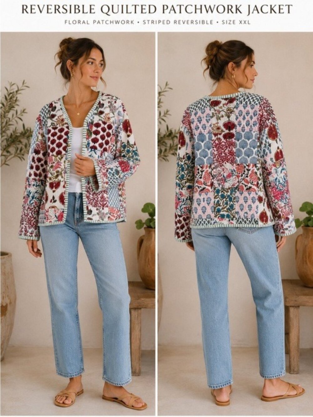 Reversible Quilted Patchwork Floral Cotton Jacket Boho Cottagecore XXL